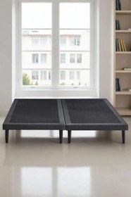 Resim Niron Yatak Slim Karyola 140x200 Çift Kişilik Baza, Metal İskeletli Yüksek Ayaklı Koyu Gri Keten Kumaşlı 