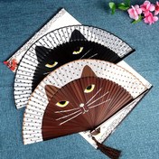 Resim 1 Adet Vintage Kedi Karikatür El Katlama Yelpazesi - Şık Bambu ve Bez Tasarım, Kahverengi/Siyah/Mavi, Düğünler, Partiler ve Dans Gösterileri için Mükemmel, Düğün Aksesuarları | Kedi Yüzü Tasarımı | Zarif Püskül Detayı 