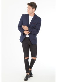 Resim Sposo 5104 Dar Kalıp Örme Kumaş Koyu Laci Erkek Blazer Ceket Koyu Lacivert 