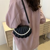 Resim Katı Renkli Suni Deri Kabuk Çapraz Çanta İnci Saplı, Tokalı Kapatmalı Şık Moda Omuz Çantası, Tatil Temalı Suni Deri Astar, Yıkama Bakımı Yok - Beyaz ve Siyah 