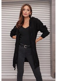 Resim Aqe Fashion Kapüşonlu Kabartma Desenli Şerit Garnili Siyah Hırka Siyah 