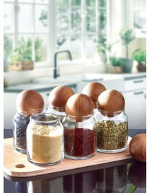 Resim 6'lı Ahşap Top Kapaklı Cam Kavanoz Seti Baharatlık Takımı 300 Ml Ahşap - Şeffaf 