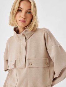 Resim Örme Sweatshirt Pijama Üstü Dik Yaka Kapaklı Cep Detaylı 