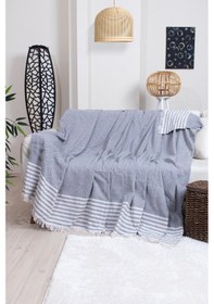 Resim Pamuklu Püsküllü Elmas Desenli Koltuk Örtüsü 170x210 Cm Dekoratif Kanepe, Yatak Ve Tv Örtüsü Koyu Gri 