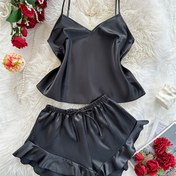 Resim Kadın V-Yaka Dört Mevsim İmitasyon İpek Moda Seksi Askılı Şort Pijama 2 Parça Set 