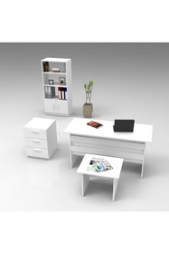 Resim L'occi Concept Diego Abcd Full Ofis Mobilya Seti - Çalışma Masası, Kitaplık, Sehpa, Keson 4'lü Büro Takımı Beyaz 