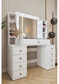 Resim Ases Mobilya Ela660 Hollywood Işıklı Makyaj Masası Bol Çekmeceli Özel Bölmeli Ve Extra Raflı Beyaz Beyaz 