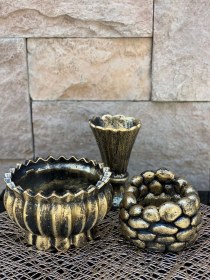 Resim Dekoratif Polyester Üçlü Vazo Set Gold Siyah Eskitme 