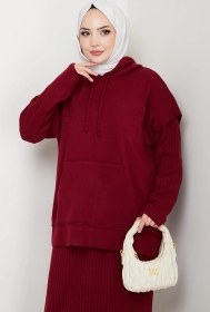 Resim Bestenur Kapüşonlu Tunik Elbise Triko Takım 1645 - Bordo Bordo 