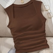 Resim Kadınlar için Seksi Kare Yaka Tank Top - Esnek Polyester-Spandex Karışımı, Düz Kahverengi, Makinede Yıkanabilir, Her Mevsim İçin Uygun 