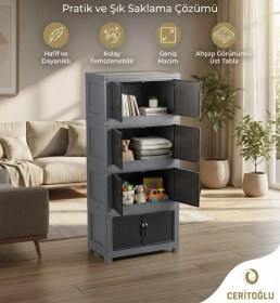Resim Ceritoğlu 4 Lü Katlanabilir Çok Amaçlı Plastik Dolap-kapaklı-dekoratif Ve Şık Görünüm Koyu Gri 
