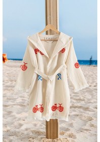 Resim Varol %100 Organik, El İşçiliği Taş Baskı Garson Boy Bornozu - Bisiklet Krem/9-10yas Krem 