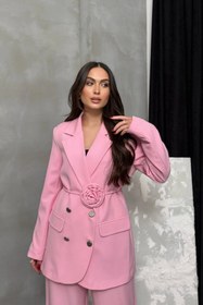 Resim buqre's moda Kadın İkili Blazer Ceket Pantolon Takım Aksesuar Gül ve Düğme Detaylı Bol Paça 