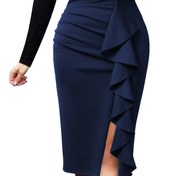 Resim Kadınlar için şık örme polyester kalem etek, düz renk, fırfır detaylı, tüm mevsim iş kıyafetleri için. 