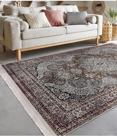 Resim RealHomes Kahverengi Zeminde Kilim Motifli Uşak Desenli Etnik Motifler Avangarde Salon Saçaklı Halı HaliDik-Deluxe-11522, 80 x 400 