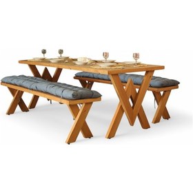 Resim Neiwel Vera Doğal Ahşap Banklı Yemek Masası Takımı-120-280 Takım Açık Ceviz 