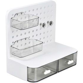Resim Açık plastik tabaklar ve dolaplar ile ayarlanabilir DIY masa organizatörü - Ofis, ev ve el sanatları projeleri için ideal, beyaz, delikli tasarım, ofis organizasyonu | Modern masa organizatörü | Ayarlanabilir tabak tutucu, ev masa organizatörü 