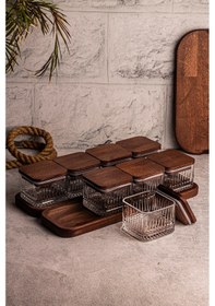 Resim Snippy Bella Kare 10 Parça Ahşap Vakumlu Kapaklı Cam Kahvaltılık Ahşap - Şeffaf 