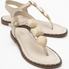 Resim Luvishoes Luvi Shoes Helen Bej Hakiki Deri Parmak Arası Gold Tokalı Kadın Sandalet Bej 