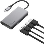 Resim Belkin USB C 4'ü 1 Arada Çok Bağlantı Noktalı Adaptör (4K HDMI, USB-C 100W PD Geçişli Şarj ve Daha Fazlası için 2 x USB A Bağlantı Noktası 