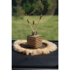 Resim Tasarım Arabam Kahve Pullu Gold Kordon Camel Tüy Kaymaz Ped & Gold Baget Kare Kavanoz Koku Set 