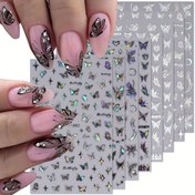 Resim Kadınlar için Parlak Glitter Çıkartmalar, Holografik Lazer Glitter Tasarımı, Kendin Yap Manikür Süsleri için Folyo Kelebek Şansı, 3D Kendinden Yapışkanlı Tırnak Sanatı Malzemeleri, 8 Sayfa Kelebek 3D Kendinden Yapışkanlı Tırnak Sanatı Çıkartmaları 