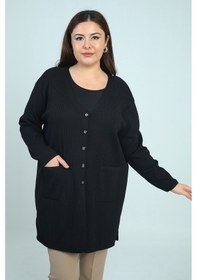 Resim By Saygı Kadın Büyük Beden Likralı Cepli Fitilli Triko Hırka Siyah 