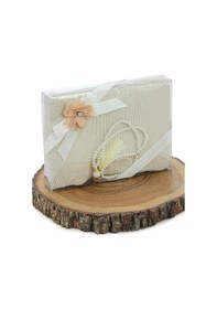 Resim Gelin Damat Bohçasına Uygun Hediyelik Kutulu İnci Tesbihli Çeyizlik Seccade Seti Krem 001 