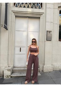 Resim Bonacosa Kadın Viskon 3 Lü Takım Kimono + Beli Lastikli Salaş Pantolon + Crop 8 Renk Kahverengi 