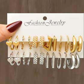 Resim Kadınlar için şık metal alaşım taklit şeftali kalp şeklinde küpeler ve geometrik demir malzemeden yapılmış günlük tatil hediyesi uygun kulak çıtçıtları 24 parça set 