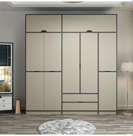 Resim Elina 5 Kapaklı Dolap + Yüklük - Antrasit/kumtaşı Çok Renkli 