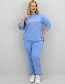 Resim Kadın Büyük Beden Kısa Kollu Çiçek İşlemeli Eşofman Takımı 8199-25 - 3XL / Mürdüm 
