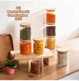 Resim Porsima 4394 8li 800 Ml Bambu Vakumlu Kapaklı Cam Kavanoz Seti Saklama Kabı 10x12cm Şeffaf 