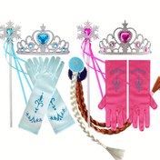 Resim Kızlar için 4 Parça Prenses Kıyafet Seti - Işıltılı Kalp Kolye, Kurdeleli Elmas Taç, Mavi, Pembe ve Açık Mavi Renklerde Sihirli Değnek & Eldivenler - Halloween, Noel, Karnaval için İdeal - Melek Temalı, Polyester, Elde Yıkanabilir, Noel için En İyisi 