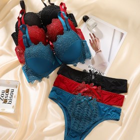 Resim 3 Parça Düz Renk Topuklu Rahat Kadın Sütyen ve Külot Takımı Şık Derin Yaka İç Çamaşırı 