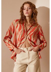 Resim Never More Zebra Desen Modal Gömlek Zebra Desen Turuncu Çok Renkli 