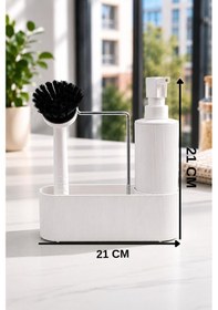 Resim Mutfak Lavabo Düzenleyici Sıvı Sabunluk Ve Fırça Seti Beyaz Organizer 