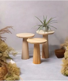 Resim Ahşap 3 Lü Set Fitilli Mantar Yan Sehpa / Zigon Sehpa Vernikli / Wood Wooden Mushroom Side Table Ahşap 