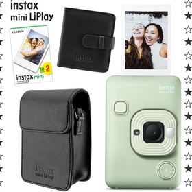 Resim Instax mini LiPlay Hybrid Matcha Green Fotoğraf Makinesi 20'li Film Albüm ve Deri Kılıf Hediye Seti 