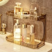 Resim 2 Katlı Altın Akrilik Makyaj Organizatör Rafı - Şeffaf Plastik Banyo Tezgahı için Kozmetik, Ruj, Serum ve Cilt Bakımı - Modern İki Katlı Depolama Rafı, Tuvalet Masası veya Banyo Dekoru ve Aksesuarları 