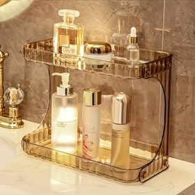 Resim 2 Katlı Altın Akrilik Makyaj Organizatör Rafı - Şeffaf Plastik Banyo Tezgahı için Kozmetik, Ruj, Serum ve Cilt Bakımı - Modern İki Katlı Depolama Rafı, Tuvalet Masası veya Banyo Dekoru ve Aksesuarları 