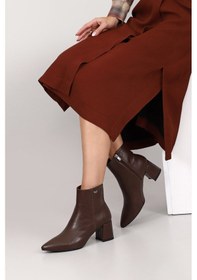 Resim Gönderi R Kahverengi Fermuarlı Sivri Burun Kalın Topuklu Bot kahverengi 