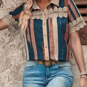 Resim Zarif Kadınların Retro Çizgili Dantel Bluzu - Kısa Kollu, Bahar/Yaz için Sivri Yaka Gömlek, Nefes Alabilen Polyester Kumaş, Günlük veya Resmi Kıyafetler için Vintage Tarzı 