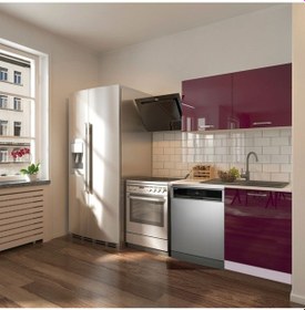 Resim Manza Hazır Mutfak Dolabı 120cm - Parlak-beyaz Laminat Tezgah Dahil-bulaşık Makinesi Yeri Mevcut Mürdüm 