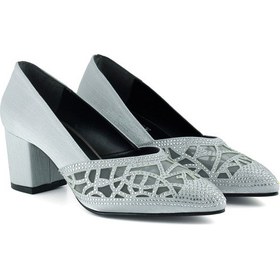 Resim Erkan Saçmacı Patricia Gümüş Saten Taşlı Fileli Sivri Burun Kalın Topuklu Abiye Ayakkabı Gümüş 