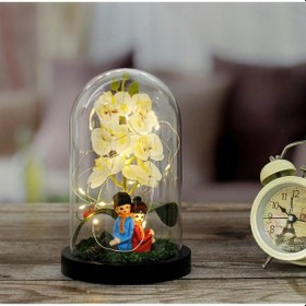 Resim Mobgift Orkide Altında Romantik Çift Tasarımlı Işıklı Fanus Beya Beyaz 