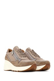 Resim Derimod Kadın Vizon Bağcıklı Fermuar Detaylı Dolgu Topuklu Hakiki Deri Sneaker, Kışlık Spor Ayakkabı 25AFD37 