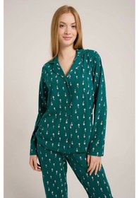 Resim Yeşil Noel Baba Baskılı Düğmeli Pijama Takım Yeşil 