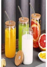 Resim 12'li Bambu Kapaklı Pipetli Cam Bardak Isıya Dayanıklı Borosilikat Kola Şekilli Kahve Sunum Bardağı 