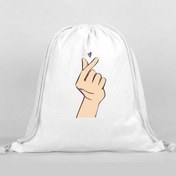 Resim Ufak Kalp Baskılı Sırt Çantası - İp Büzgülü Spor Çanta Beyaz 